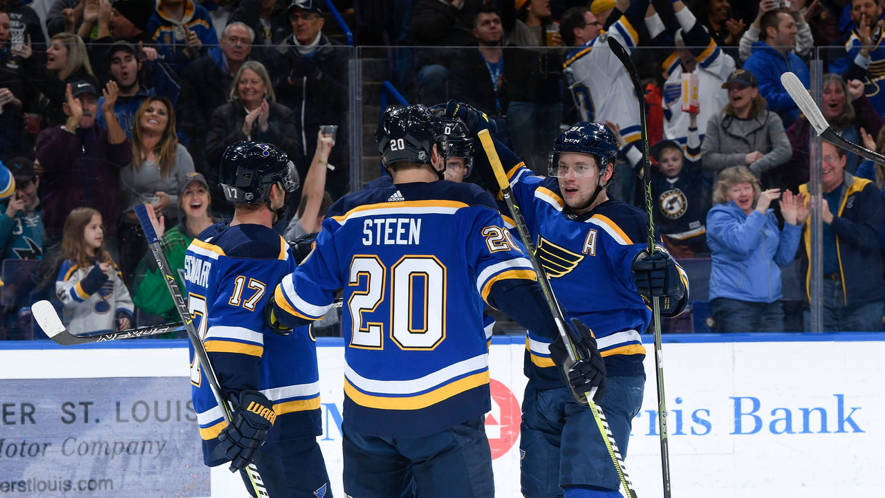 ST. LOUIS, MO - MARCH 27: Vladimir Tarasenko #91 of the St. Louis Blues is congratulated after scoring a goal against the San Jose Sharks at Scottrade Center on March 27, 2018 in St. Louis, Missouri.