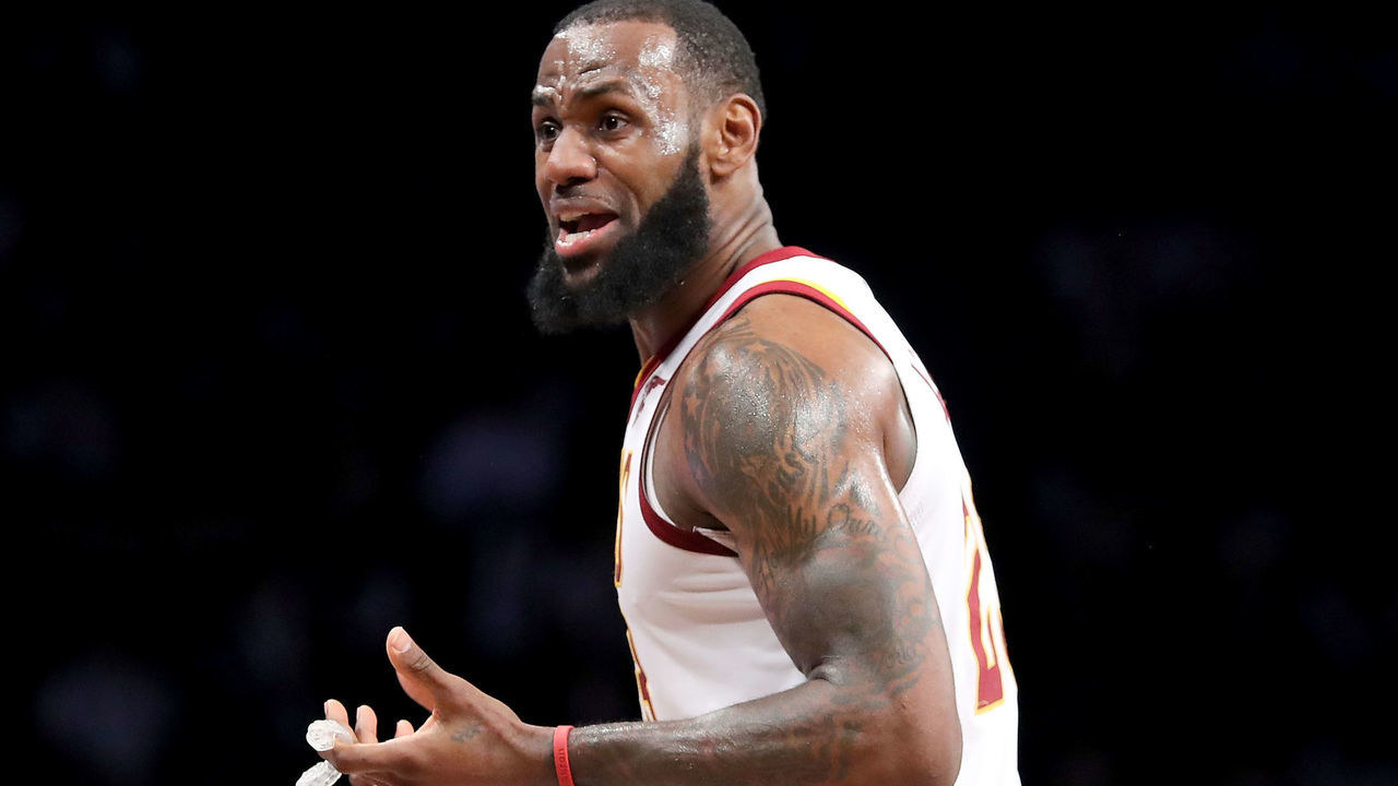 NEW YORK, NY - MARCH 25: LeBron James #23 of the Cleveland Cavaliers reacts to a call in the first quarter against the Brooklyn Nets during their game at Barclays Center on March 25, 2018 in the Brooklyn borough of New York City.