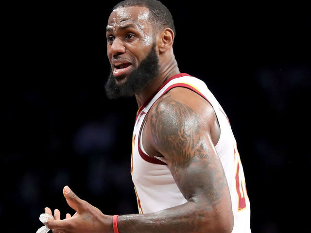 NEW YORK, NY - MARCH 25: LeBron James #23 of the Cleveland Cavaliers reacts to a call in the first quarter against the Brooklyn Nets during their game at Barclays Center on March 25, 2018 in the Brooklyn borough of New York City.
