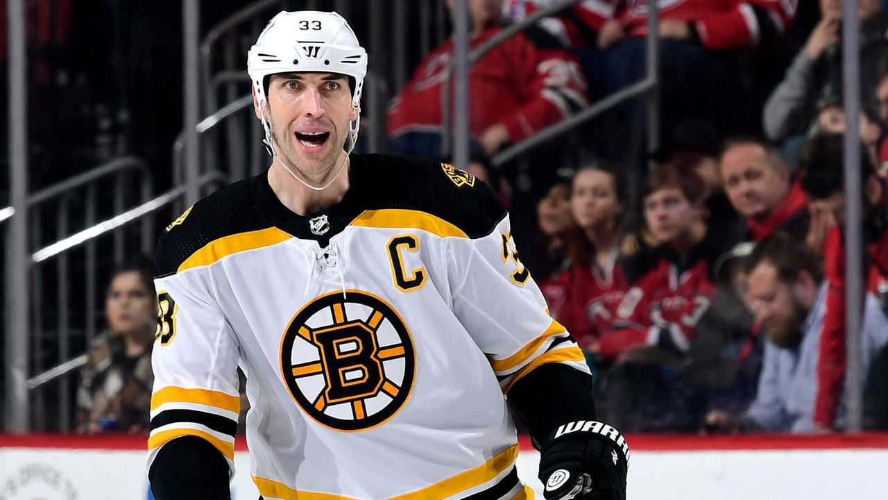 NEWARK, NJ - FEBRUARY 11: Zdeno Chara #33 of the Boston Bruins skates against the New Jersey Devils at Prudential Center on February 11, 2018 in Newark, New Jersey. The Boston Bruins defeated the New Jersey Devils 5-3.