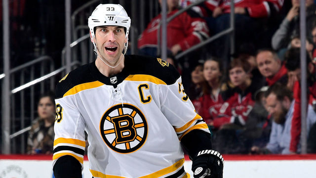 NEWARK, NJ - FEBRUARY 11: Zdeno Chara #33 of the Boston Bruins skates against the New Jersey Devils at Prudential Center on February 11, 2018 in Newark, New Jersey. The Boston Bruins defeated the New Jersey Devils 5-3.