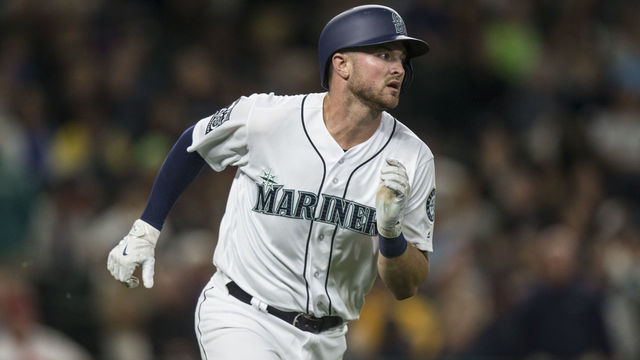 SEATTLE, WA - SEPTEMBER 9: Mike Marjama #28 of the Seattle Mariners runs to first base after putting the ball in play during an at-bat in a game against the Los Angeles Angels of Anaheim at Safeco Field on September 9, 2017 in Seattle, Washington. The Mariners won the game 8-1.