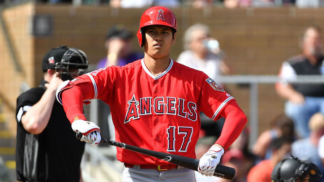 SCOTTSDALE, AZ - MARCH 06: Shohei Ohtani #17 of the Los Angeles Angels reacts while at bat in the fourth inning of the spring training game against the Arizona Diamondbacks at Salt River Fields at Talking Stick on March 6, 2018 in Scottsdale, Arizona.