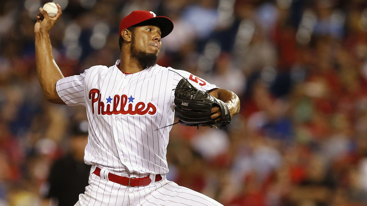 PHILADELPHIA, PA - SEPTEMBER 15: Ricardo Pinto #51 of the Philadelphia Phillies in action against the Oakland Athletics during a game at Citizens Bank Park on September 15, 2017 in Philadelphia, Pennsylvania.