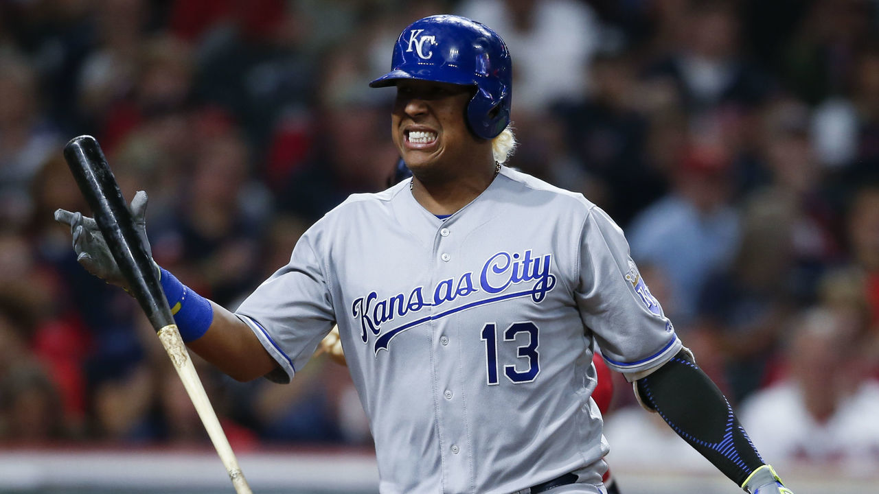 CLEVELAND, OH - SEPTEMBER 14: Salvador Perez #13 of the Kansas City Royals reacts after being struck out by Cleveland Indians' Joe Smith during the sixth inning at Progressive Field on September 14, 2017 in Cleveland, Ohio. The Indians defeated the Royals 3-2 for their 22nd win in a row, an MLB record.