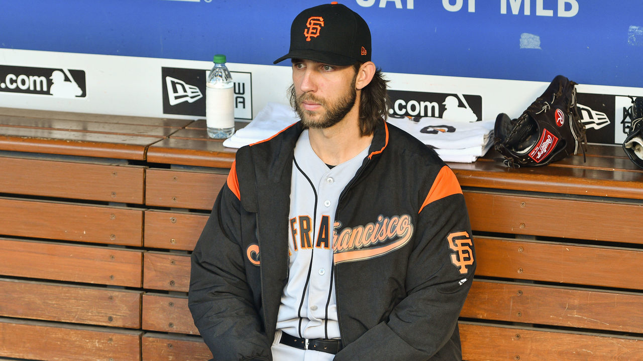 LOS ANGELES, CA - SEPTEMBER 23: San Francisco Giants Starting pitcher Madison Bumgarner (40) looks on before an MLB game between the San Francisco Giants and the Los Angeles Dodgers on September 23, 2017 at Dodger Stadium in Los Angeles, CA.