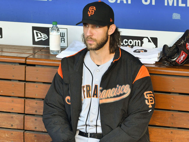 LOS ANGELES, CA - SEPTEMBER 23: San Francisco Giants Starting pitcher Madison Bumgarner (40) looks on before an MLB game between the San Francisco Giants and the Los Angeles Dodgers on September 23, 2017 at Dodger Stadium in Los Angeles, CA.