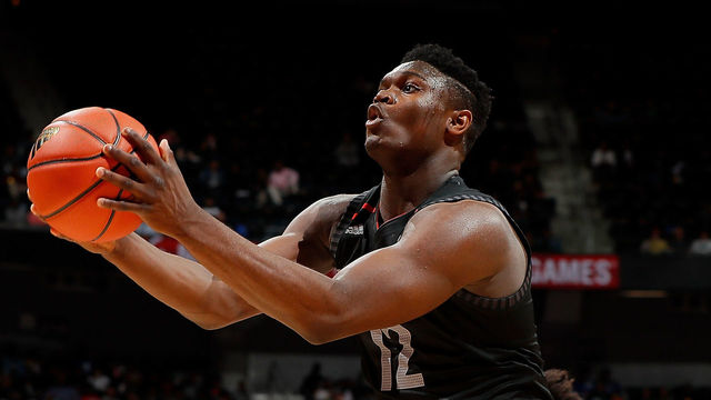 ATLANTA, GA - MARCH 28: Zion Williamson #12 of Spartanburg Day School attacks the basket against Jordan Brown #21 of Prolific Prep during the 2018 McDonald's All American Game at Philips Arena on March 28, 2018 in Atlanta, Georgia.