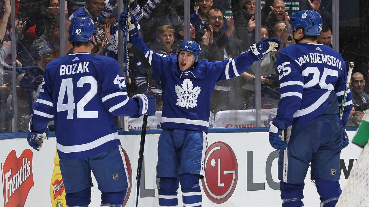 TORONTO, ON - MARCH 10: Mitchell Marner #16 of the Toronto Maple Leafs celebrates his goal against the Pittsburgh Penguins during an NHL game at the Air Canada Centre on March 10, 2018 in Toronto, Ontario, Canada.