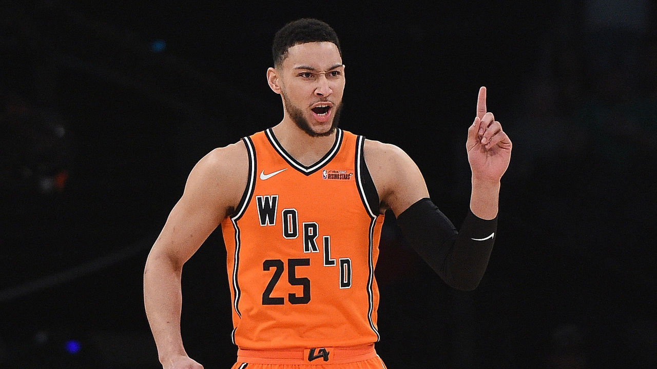 LOS ANGELES, CA - FEBRUARY 16: Ben Simmons #25 of the World Team reacts during the 2018 Mountain Dew Kickstart Rising Stars Game at Staples Center on February 16, 2018 in Los Angeles, California.