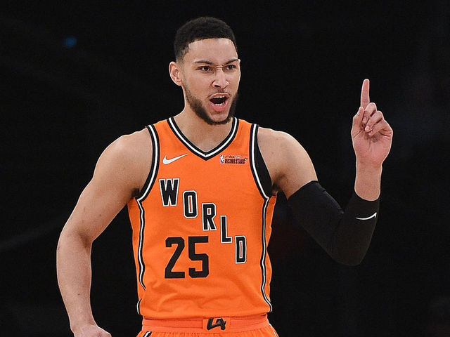 LOS ANGELES, CA - FEBRUARY 16: Ben Simmons #25 of the World Team reacts during the 2018 Mountain Dew Kickstart Rising Stars Game at Staples Center on February 16, 2018 in Los Angeles, California.