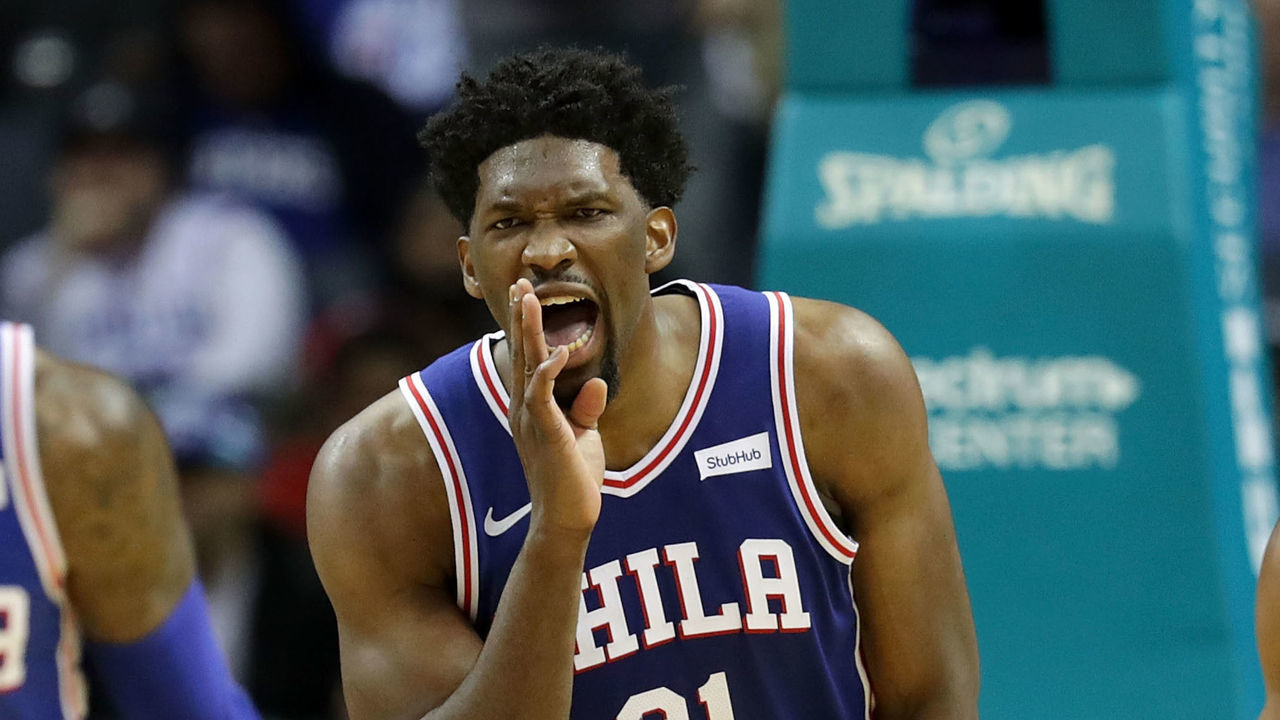 CHARLOTTE, NC - MARCH 06: Joel Embiid #21 of the Philadelphia 76ers reacts against the Charlotte Hornets during their game at Spectrum Center on March 6, 2018 in Charlotte, North Carolina.