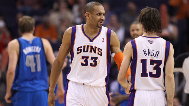 PHOENIX, AZ - FEBRUARY 17: Grant Hill #33 and Steve Nash #13 of the Phoenix Suns during the NBA game against the Dallas Mavericks at US Airways Center on February 17, 2011 in Phoenix, Arizona. The Mavericks defeated the Suns 112-106.