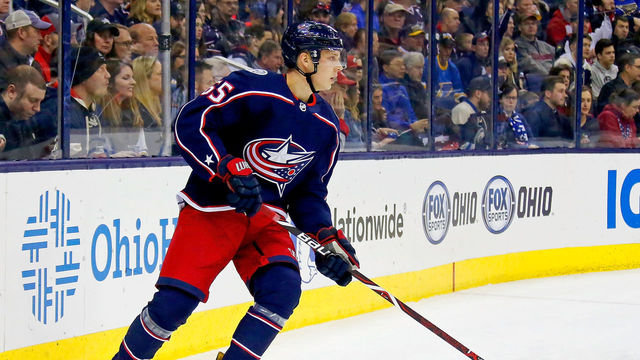 COLUMBUS, OH - MARCH 24: Markus Nutivaara #65 of the Columbus Blue Jackets controls the puck during the game against the St. Louis Blues on March 24, 2018 at Nationwide Arena in Columbus, Ohio. *** Local Caption *** Markus Nutivaara