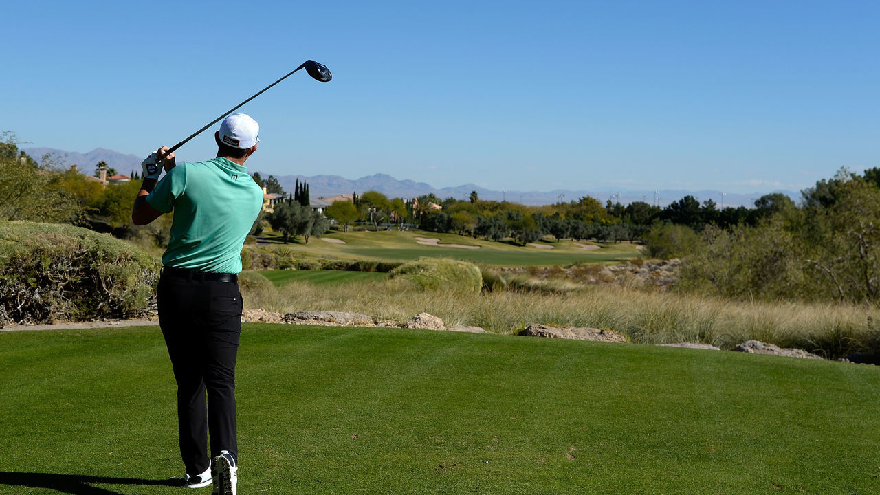 LAS VEGAS, NV - NOVEMBER 05: Patrick Cantlay hits his tee shot on the second hole during the final round of the Shriners Hospitals For Children Open at the TPC Summerlin on November 5, 2017 in Las Vegas, Nevada.