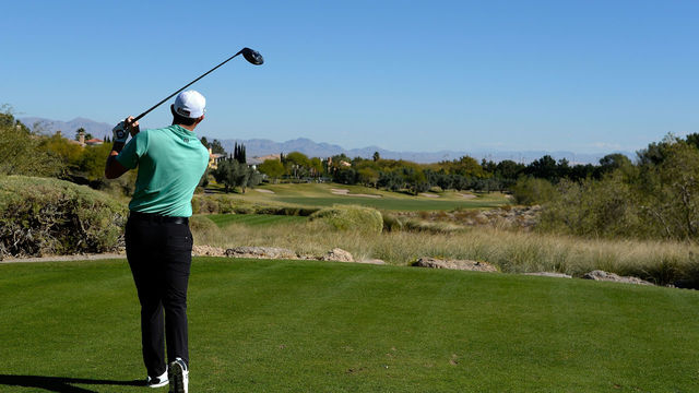 LAS VEGAS, NV - NOVEMBER 05: Patrick Cantlay hits his tee shot on the second hole during the final round of the Shriners Hospitals For Children Open at the TPC Summerlin on November 5, 2017 in Las Vegas, Nevada.