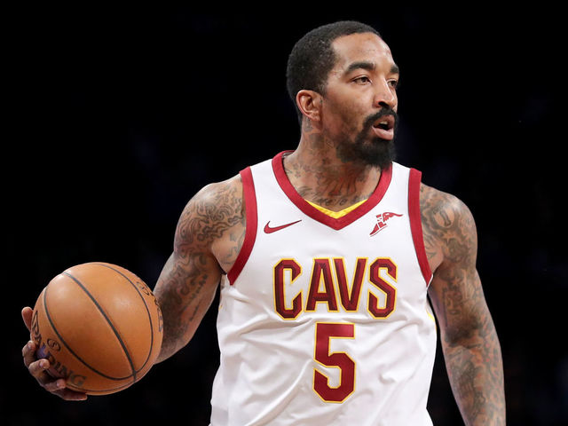 NEW YORK, NY - MARCH 25: JR Smith #5 of the Cleveland Cavaliers dribbles down the court in the third period against the Brooklyn Nets during their game at Barclays Center on March 25, 2018 in the Brooklyn borough of New York City.