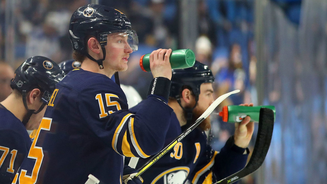 BUFFALO, NY - JANUARY 9: Jack Eichel #15 and Ryan O'Reilly #90 of the Buffalo Sabres in play against the Winnipeg Jets at the KeyBank Center on January 9, 2018 in Buffalo, New York. The Jets beat the Sabres 7-4.