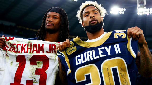 LONDON, ENGLAND - OCTOBER 23: Odell Beckham #13 of the New York Giants and Todd Gurley #30 of the Los Angeles Rams swap signed shirts after the NFL International series game between Los Angeles Rams and New York Giants at Twickenham Stadium on October 23, 2016 in London, England.