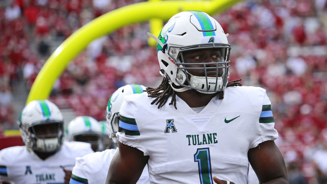 NORMAN, OK - SEPTEMBER 16: Defensive end Ade Aruna #1 of the Tulane Green Wave takes the field before the game against the Oklahoma Sooners at Gaylord Family Oklahoma Memorial Stadium on September 16, 2017 in Norman, Oklahoma. Oklahoma defeated Tulane 56-14.