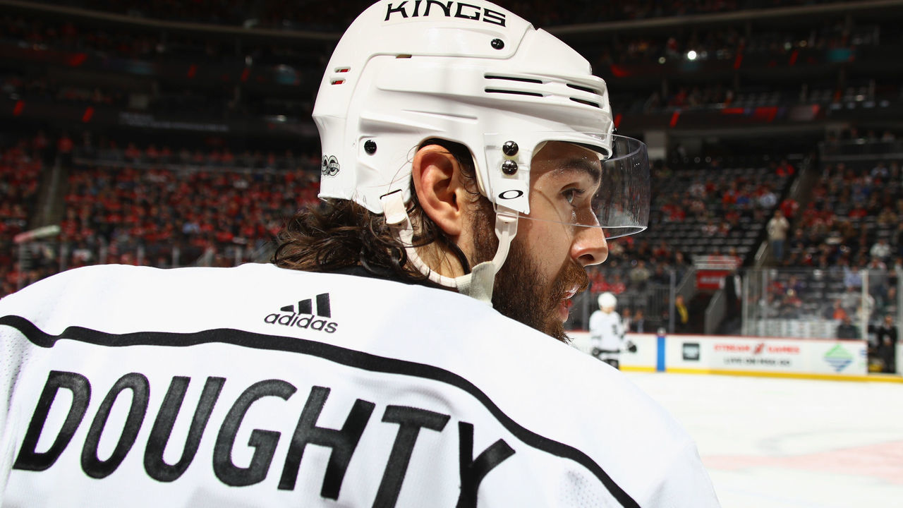 NEWARK, NJ - DECEMBER 12: Drew Doughty #8 of the Los Angeles Kings plays against the New Jersey Devils at the Prudential Center on December 12, 2017 in Newark, New Jersey.