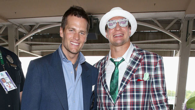 LOUISVILLE, KY - MAY 02: NFL players Tom Brady (L) and Rob Gronkowski attend the 141st Kentucky Derby at Churchill Downs on May 2, 2015 in Louisville, Kentucky.