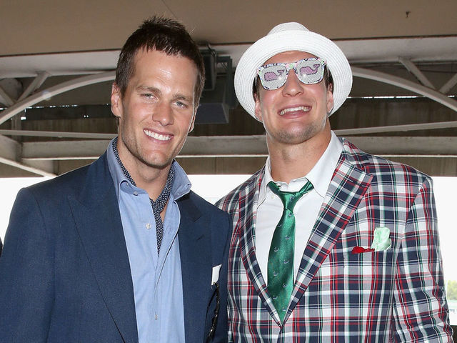 LOUISVILLE, KY - MAY 02: NFL players Tom Brady (L) and Rob Gronkowski attend the 141st Kentucky Derby at Churchill Downs on May 2, 2015 in Louisville, Kentucky.