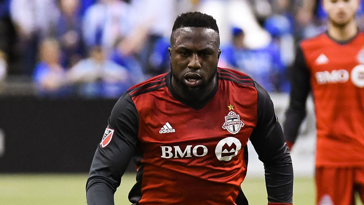 MONTREAL, QC - MARCH 17: Toronto FC forward Jozy Altidore (17) runs with the ball during the Toronto FC versus the Montreal Impact game on March 17, 2018, at Olympic Stadium in Montreal, QC