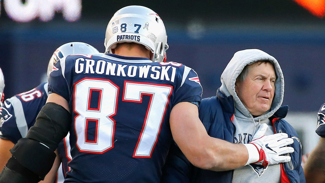FOXBORO, MA - NOVEMBER 26: Rob Gronkowski #87 of the New England Patriots reacts with head coach Bill Belichick after catching a touchdown pass during the third quarter of a game against the Miami Dolphins at Gillette Stadium on November 26, 2017 in Foxboro, Massachusetts.