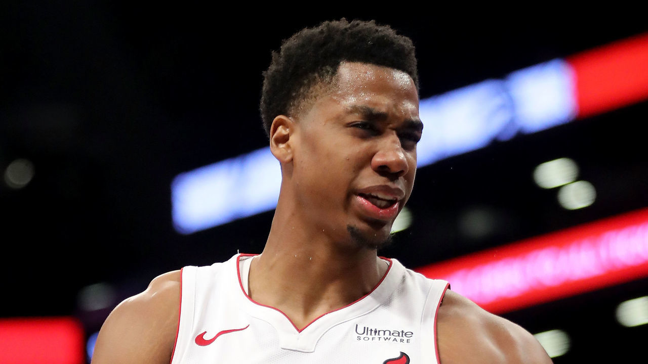 NEW YORK, NY - JANUARY 19: Hassan Whiteside #21 of the Miami Heat reacts against the Brooklyn Nets in the third quarter during their game at Barclays Center on January 19, 2018 in the Brooklyn borough of New York City.