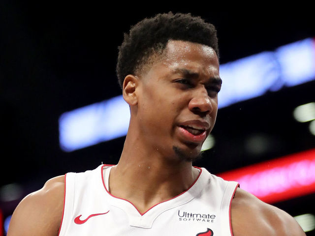 NEW YORK, NY - JANUARY 19: Hassan Whiteside #21 of the Miami Heat reacts against the Brooklyn Nets in the third quarter during their game at Barclays Center on January 19, 2018 in the Brooklyn borough of New York City.