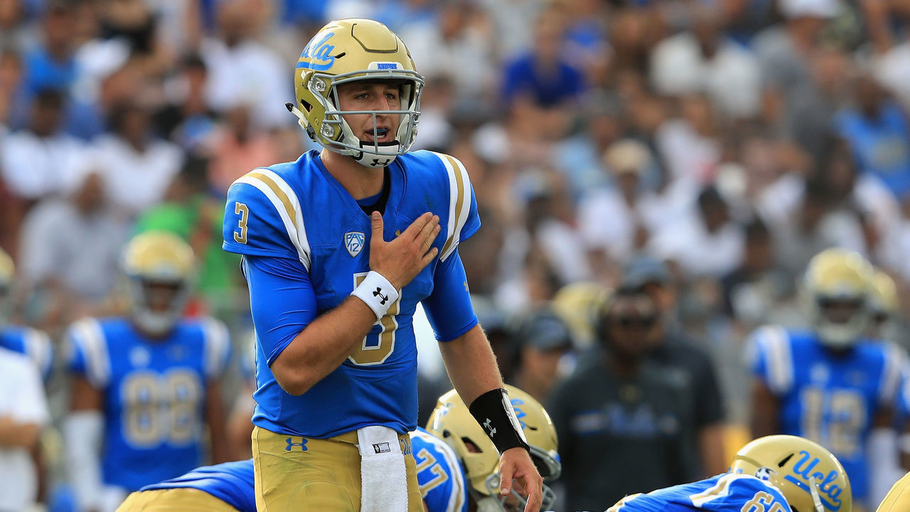 PASADENA, CA - SEPTEMBER 03: Josh Rosen #3 of the UCLA Bruins calls a playduring the first half of a game against the Texas A&M Aggies at the Rose Bowl on September 3, 2017 in Pasadena, California.