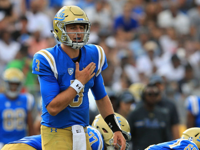 PASADENA, CA - SEPTEMBER 03: Josh Rosen #3 of the UCLA Bruins calls a playduring the first half of a game against the Texas A&M Aggies at the Rose Bowl on September 3, 2017 in Pasadena, California.