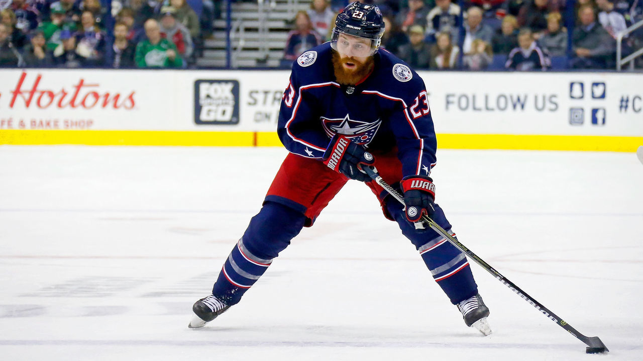 COLUMBUS, OH - MARCH 9: Ian Cole #23 of the Columbus Blue Jackets controls the puck during the game against the Detroit Red Wings on March 9, 2018 at Nationwide Arena in Columbus, Ohio.
