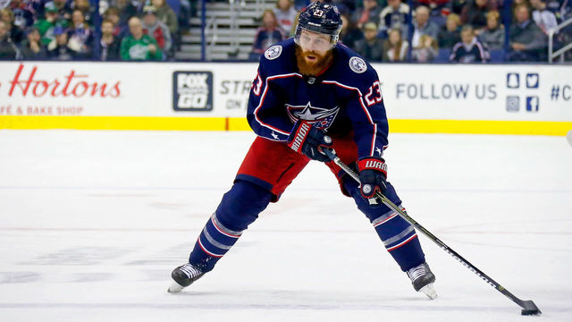 COLUMBUS, OH - MARCH 9: Ian Cole #23 of the Columbus Blue Jackets controls the puck during the game against the Detroit Red Wings on March 9, 2018 at Nationwide Arena in Columbus, Ohio.