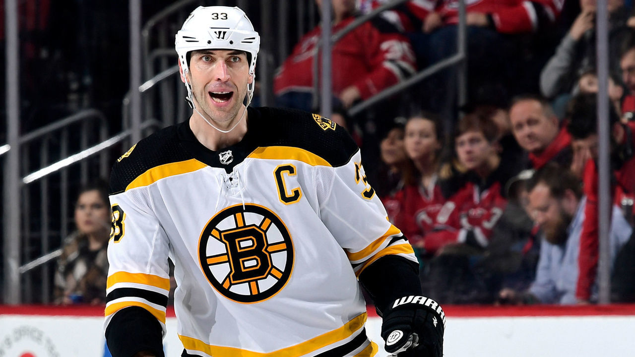 NEWARK, NJ - FEBRUARY 11: Zdeno Chara #33 of the Boston Bruins skates against the New Jersey Devils at Prudential Center on February 11, 2018 in Newark, New Jersey. The Boston Bruins defeated the New Jersey Devils 5-3.