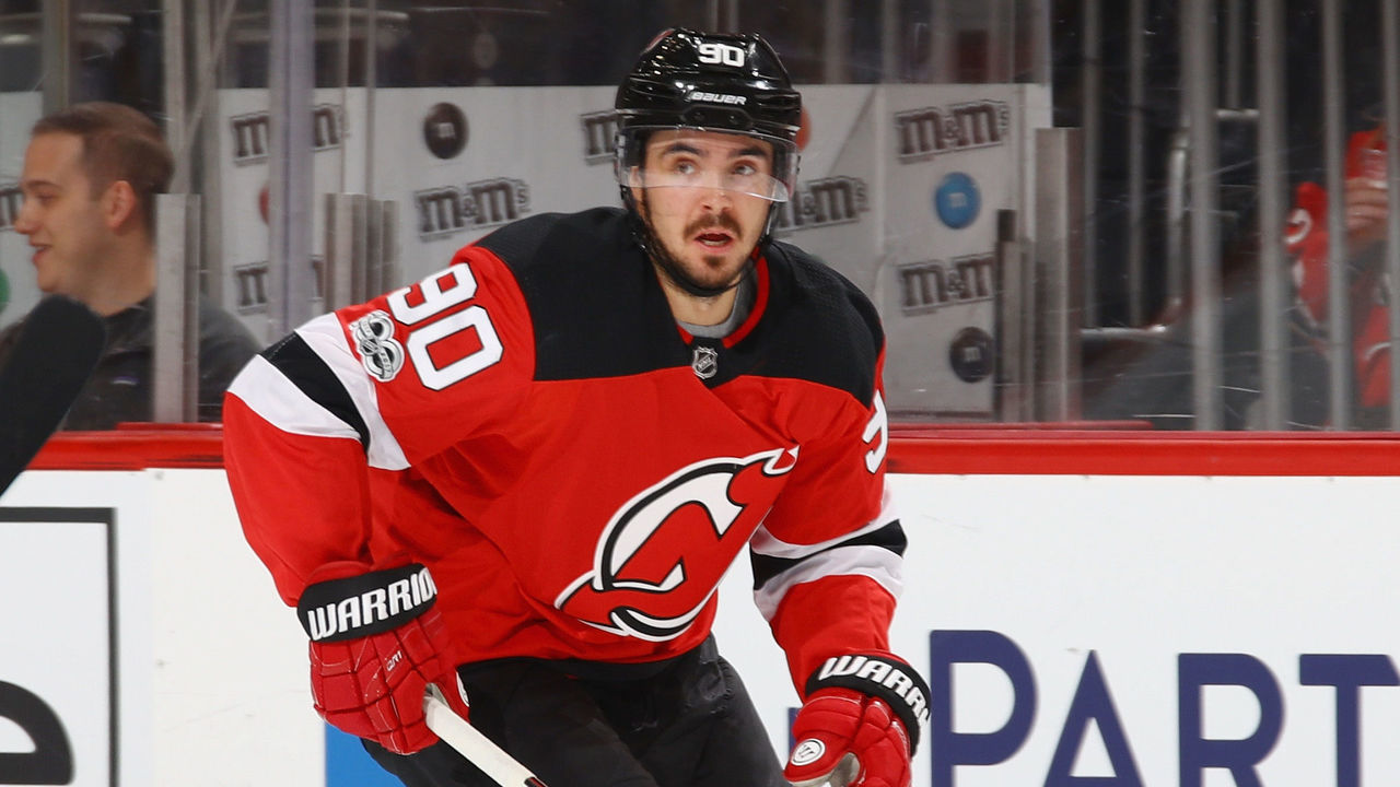 NEWARK, NJ - OCTOBER 20: Marcus Johansson #90 of the New Jersey Devils skates against the San Jose Sharks at the Prudential Center on October 20, 2017 in Newark, New Jersey. The Sharks shutout the Devils 3-0.