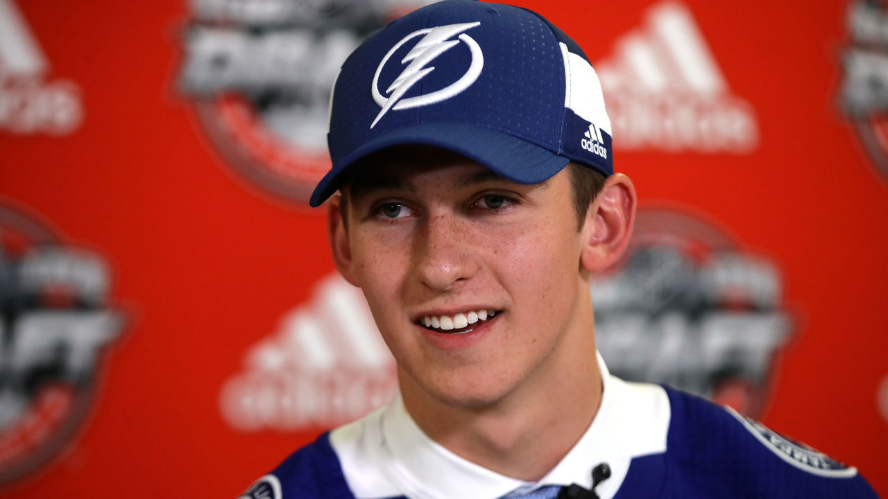 CHICAGO, IL - JUNE 23: Callan Foote is interviewed after being selected 14th overall by the Tampa Bay Lightning during the 2017 NHL Draft at the United Center on June 23, 2017 in Chicago, Illinois.