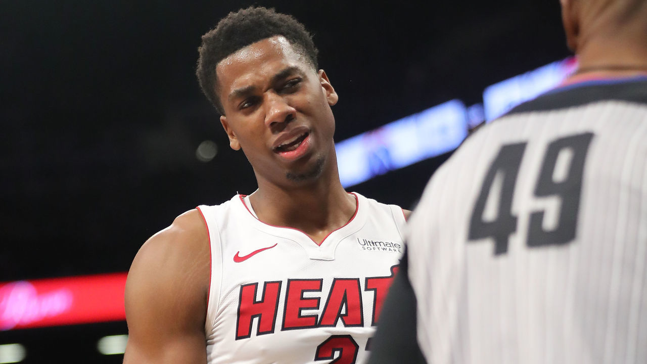 NEW YORK, NY - JANUARY 19: Hassan Whiteside #21 of the Miami Heat reacts against the Brooklyn Nets in the third quarter during their game at Barclays Center on January 19, 2018 in the Brooklyn borough of New York City.