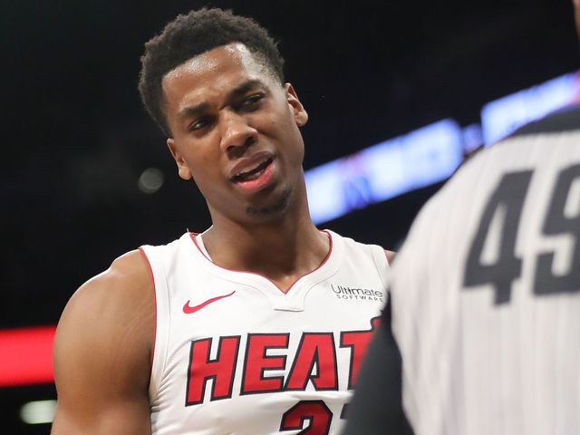 NEW YORK, NY - JANUARY 19: Hassan Whiteside #21 of the Miami Heat reacts against the Brooklyn Nets in the third quarter during their game at Barclays Center on January 19, 2018 in the Brooklyn borough of New York City.