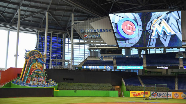 MIAMI, FL - MARCH 29: A detailed view of the Marlins home run sculpture in centerfield before Opening Day between the Miami Marlins and the Chicago Cubs at Marlins Park on March 29, 2018 in Miami, Florida.