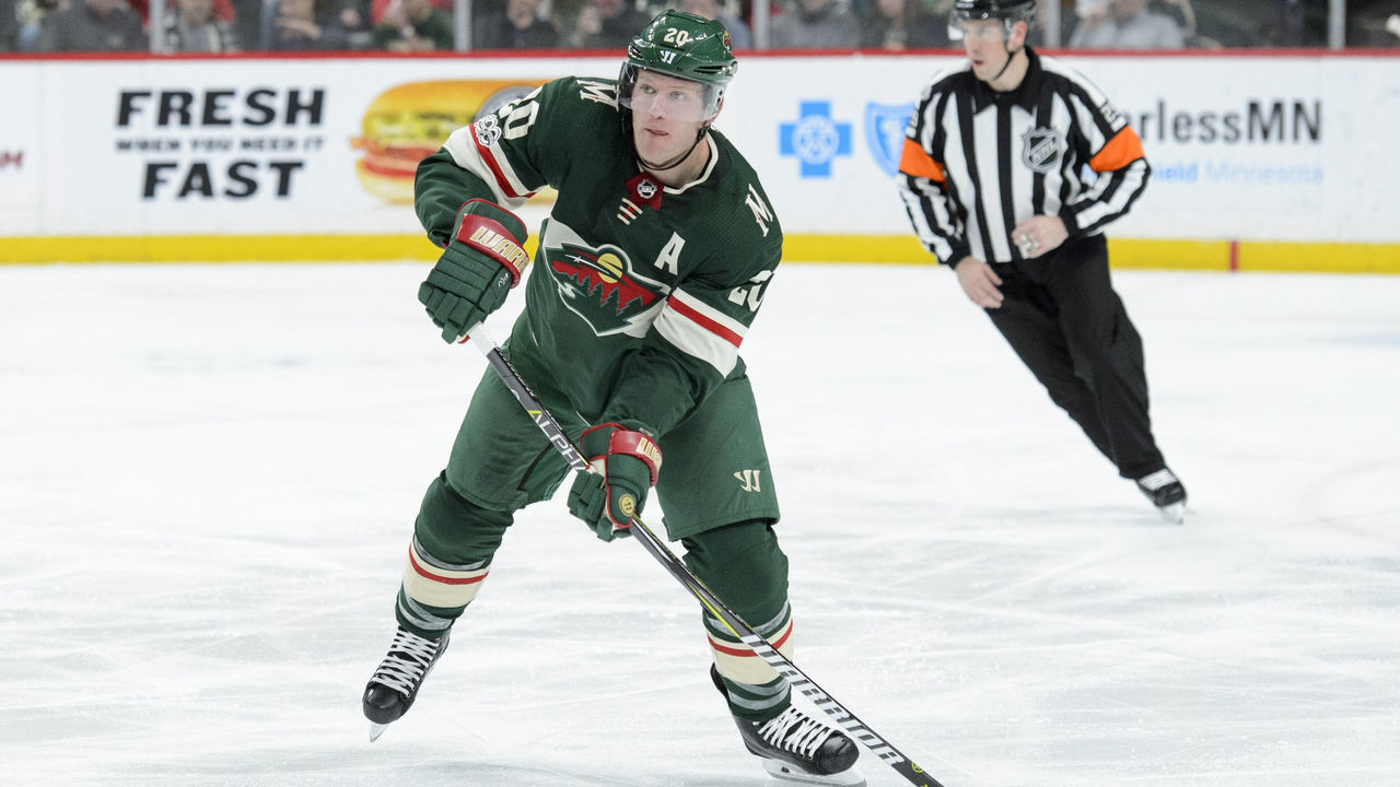 ST PAUL, MN - NOVEMBER 30: Ryan Suter #20 of the Minnesota Wild passes the puck against the Vegas Golden Knights during the game on November 30, 2017 at Xcel Energy Center in St Paul, Minnesota. The Wild defeated the Knights 4-2.