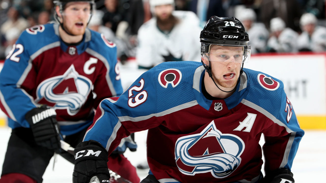 DENVER, CO - JANUARY 18: Nathan MacKinnon #29 of the Colorado Avalanche plays the San Jose Sharks at the Pepsi Center on January 18, 2018 in Denver, Colorado.