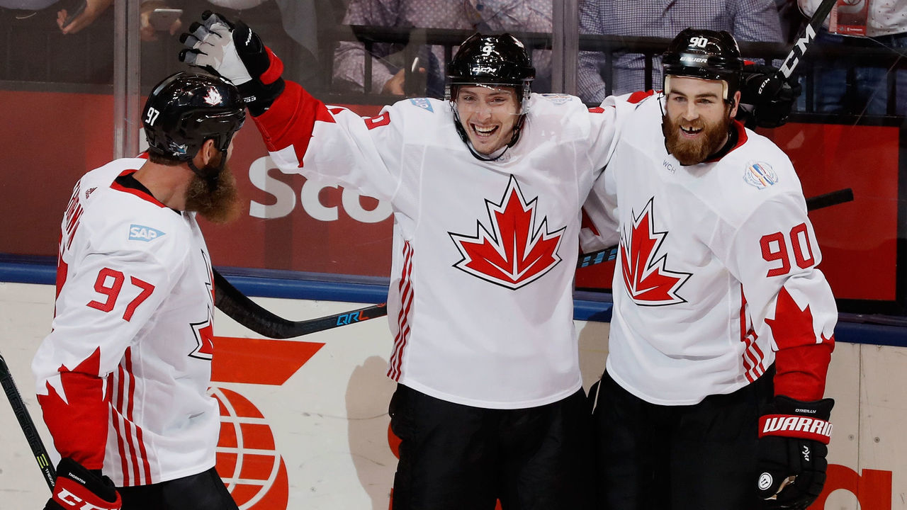 TORONTO, ON - SEPTEMBER 20: Matt Duchene #9 of Team Canada celebrates his first period goal with Ryan O'Reilly #90 and Joe Thornton #97 while playing Team USA during the World Cup of Hockey at the Air Canada Center on September 20, 2016 in Toronto, Canada.