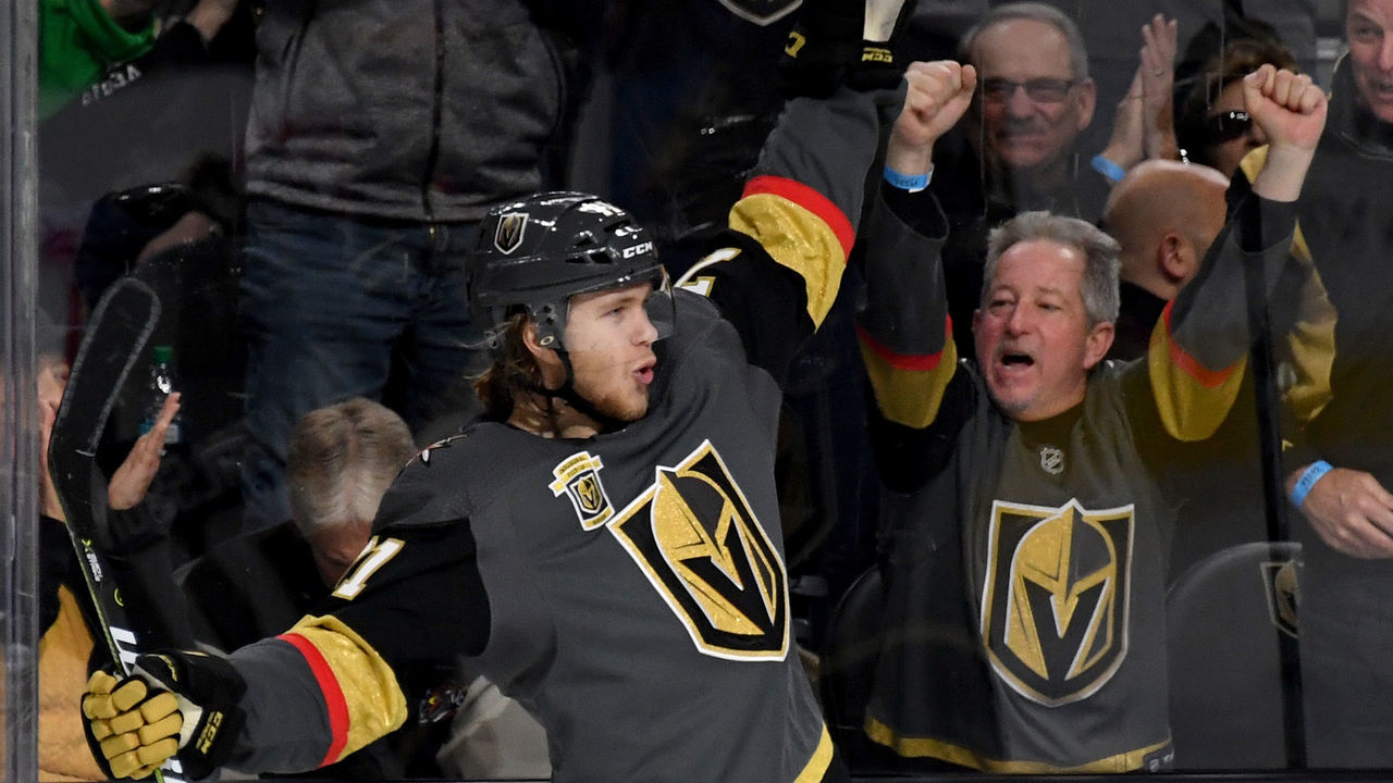 LAS VEGAS, NV - MARCH 18: William Karlsson #71 of the Vegas Golden Knights reacts after scoring his third goal of the second period against the Calgary Flames during their game at T-Mobile Arena on March 18, 2018 in Las Vegas, Nevada.