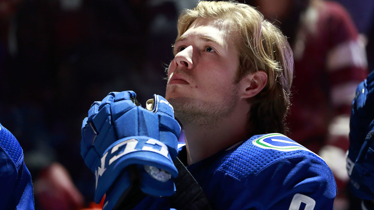 VANCOUVER, BC - DECEMBER 30: Brock Boeser #6 of the Vancouver Canucks listens to the national anthem during their NHL game against the Los Angeles Kings at Rogers Arena December 30, 2017 in Vancouver, British Columbia, Canada. 'n