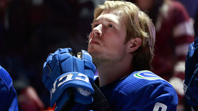 VANCOUVER, BC - DECEMBER 30: Brock Boeser #6 of the Vancouver Canucks listens to the national anthem during their NHL game against the Los Angeles Kings at Rogers Arena December 30, 2017 in Vancouver, British Columbia, Canada. 'n