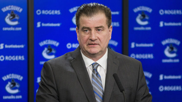 VANCOUVER, BC - FEBRUARY 28: Vancouver Canucks General Manager Jim Benning speaks to the media after a game between against the Vancouver Canucks and Detroit Red Wings. Benning was discussing the recent trades of Vancouver Canucks Left Wing Alexandre Burrows (14) and Vancouver Canucks Right Wing Jannik Hansen (36). February 28, 2017, at Rogers Arena in Vancouver, BC.