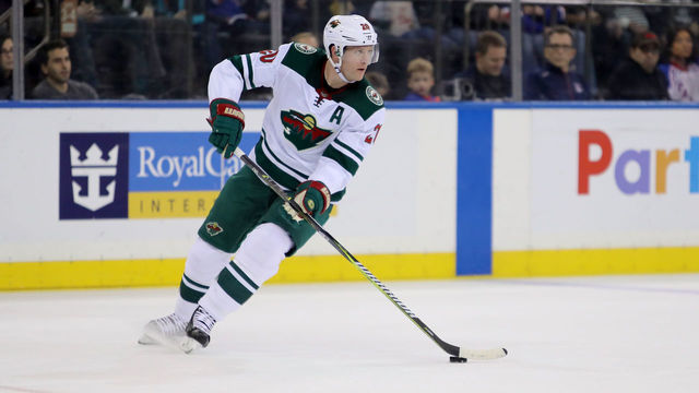 NEW YORK, NY - FEBRUARY 23: Ryan Suter #20 of the Minnesota Wild skates with the puck in the second period against the New York Rangers during their game at Madison Square Garden on February 23, 2018 in New York City.