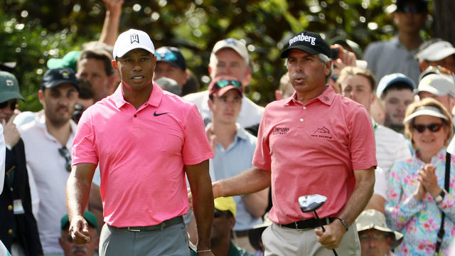 AUGUSTA, GA - APRIL 02: Fred Couples, Justin Thomas and Tiger Woods of the United States walk off the seventh tee during a practice round prior to the start of the 2018 Masters Tournament at Augusta National Golf Club on April 2, 2018 in Augusta, Georgia.